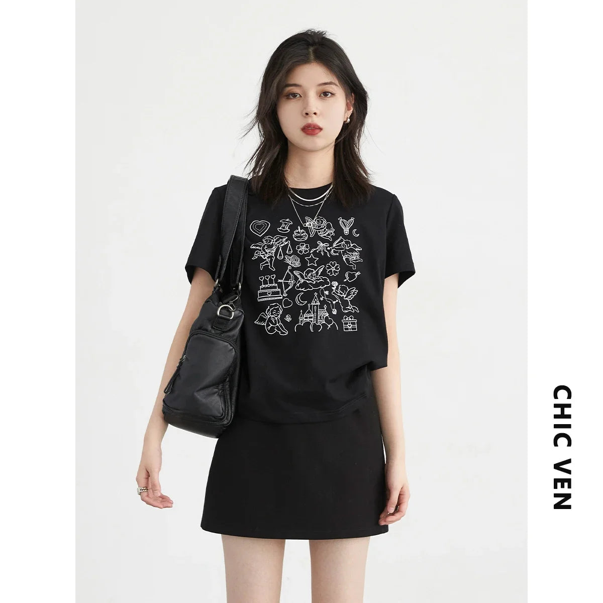 CHIC VEN Korean Fashion Women T-Shirts Loose New O Neck Short Sleeve Printed Girl Tees Slim Female Top Spring Summer 2026