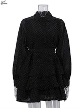 Oymimi Fashion Black Rhinestone Women's Dress Casual Lapel Long Sleeve Button Dresses Elegant New Lace-Up Pleated Mini Dresses