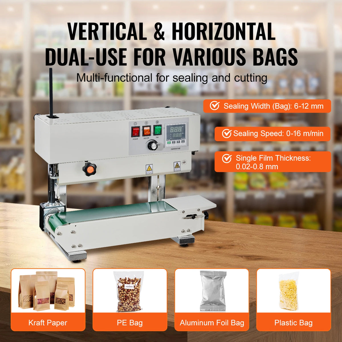 SucceBuy Vertical Band Sealer 6-12 mm Seal Width Continuous Bag Band Sealing Machine for 0.02-0.8 mm Plastic Bags Films Packing
