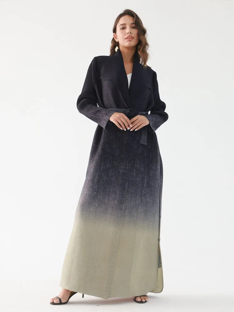 Miyake Pleated Turndown Collar Double Breasted Button Long Sleeve Cardigan Dress Women 2025 New Abaya Original Designer Clothes