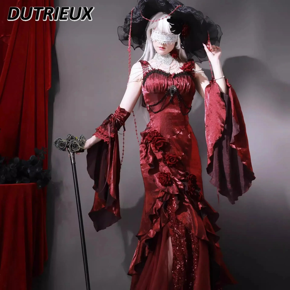 Red Rose Lolita Slimming Long Asymmetrical Fishtail Dress Lolita Halloween Muse Sexy Cos Suspender Dresses and Sleeves