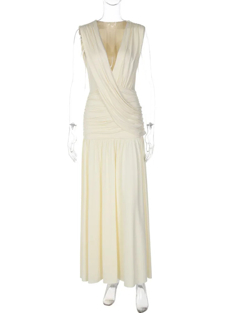 Mozision Elegant Deep V Neck Sexy Maxi Dress Women Fashion Sleeveless Draped Ruched Waist Bodycon Club Party Long Dresses Female