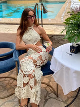 Hook Crochet Flower Long Dresses Women Knitted Halter Sexy Hollow Out Sleeveless Backless Maxi Dress Holiday Fashion Beach Robes