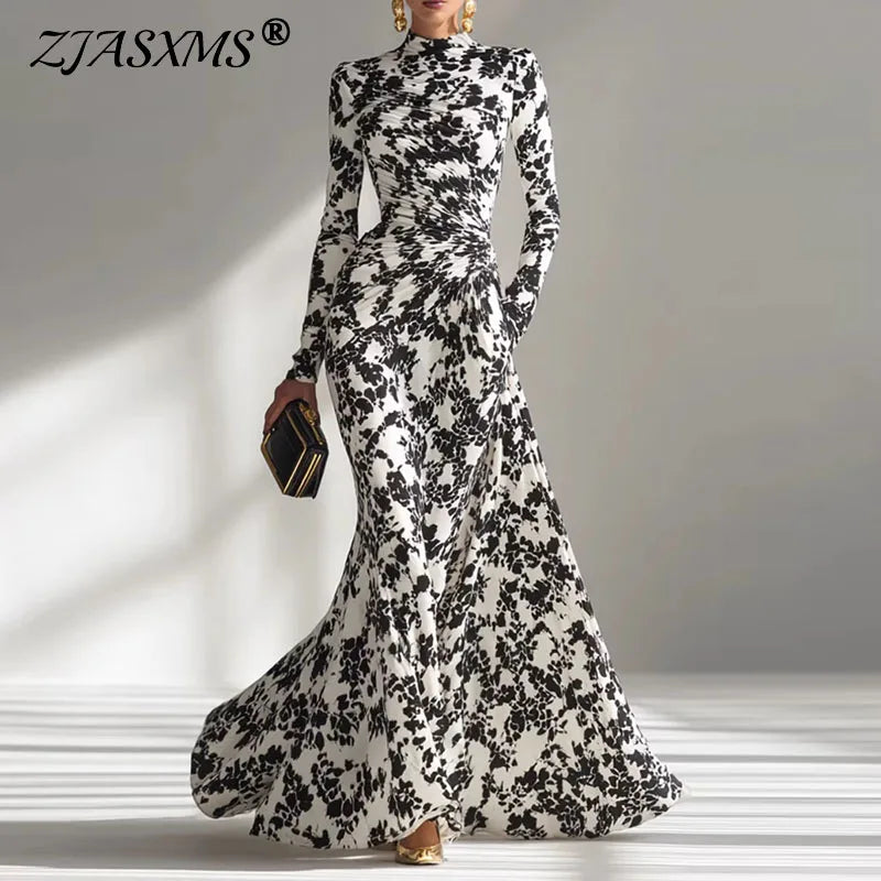 Sexy O Neck Floral Print Long Maxi Dress Woman 2026 Spring High Waist Slim Draped Party Dress Fall Long Sleeve A-Line Boho Dress