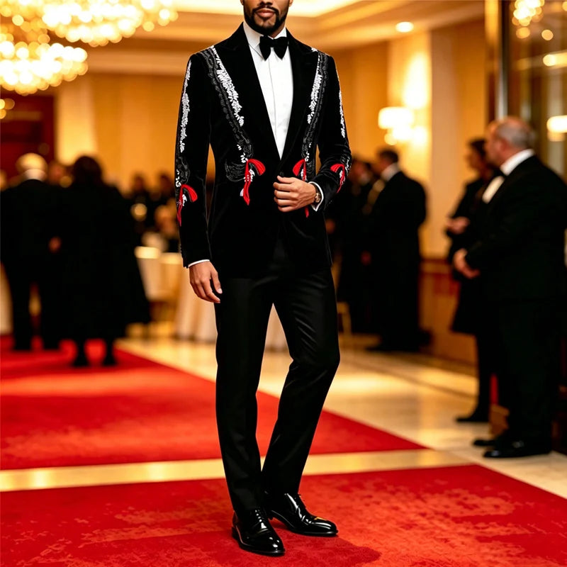 Men Black Velvet Blazer White Floral Embroidery Peak Lapel Red Tassel Slim Fit Jacket Wedding Groom Tuxedo For Party Prom