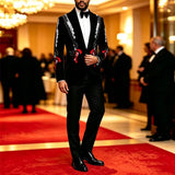 Men Black Velvet Blazer White Floral Embroidery Peak Lapel Red Tassel Slim Fit Jacket Wedding Groom Tuxedo For Party Prom
