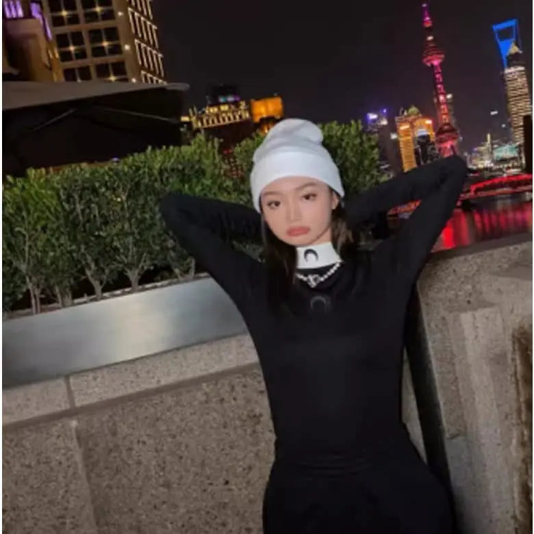 Moon Print Slim Fit Long Sleeve T-Shirt High Collar Embroidery Base Shirt Commute Style Spring Season Ladies Fashion