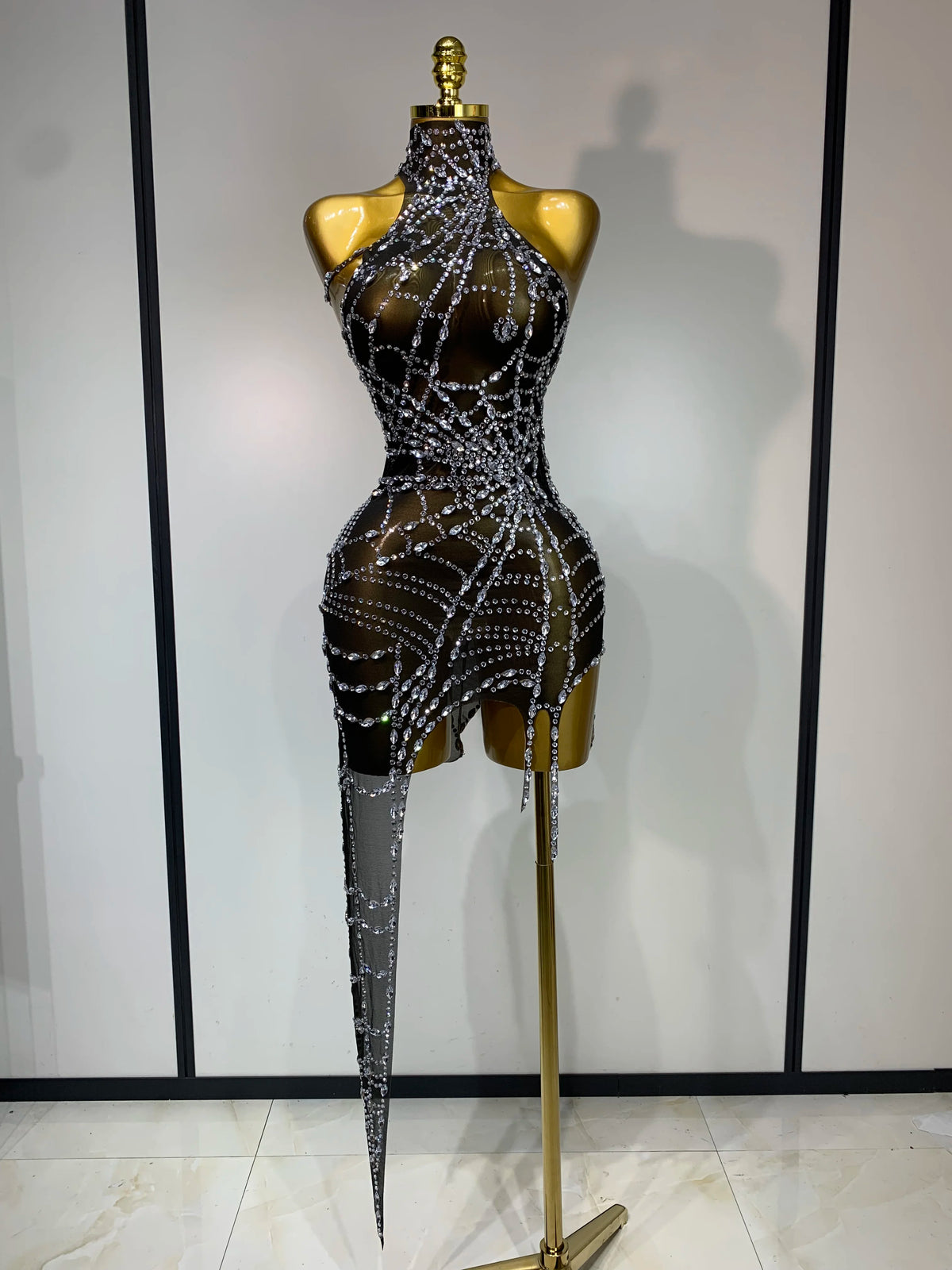 Women Luxury Black Mesh See Through Crystal Diamond Bodycon Dress Sexy Evening Party Club Nightclub Dress Singer Stage Costume