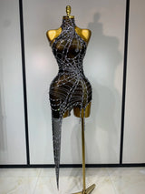 Women Luxury Black Mesh See Through Crystal Diamond Bodycon Dress Sexy Evening Party Club Nightclub Dress Singer Stage Costume