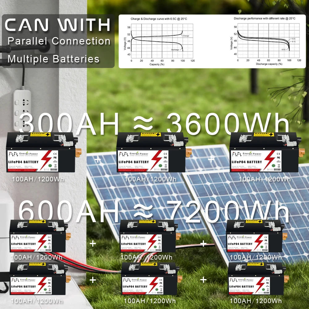 24V 48V 50Ah 100Ah 200AH LiFePO4 Battery Pack Built-in Bluetooth BMS For Solar Home Storage Golf Cart Boat RV Tax Free