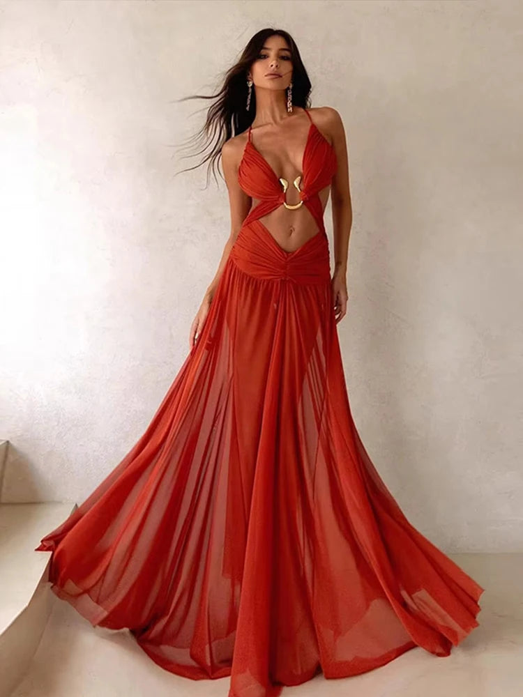 Sexy Women Dress Hollow Sleeveless Deep V Neck Big Backless Hip Package Long Dresses Elegant Summer New Beach Holiday Robes Lady