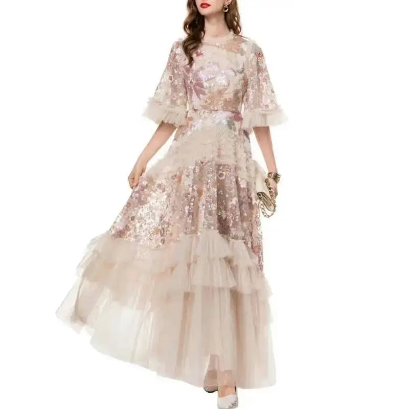 QMQA Fashion Women's Elegant Dress Embroidery Sequin Flare Sleeve Ruffle Puff Cake Dresses 2027 Summer New Female Clothing QM648