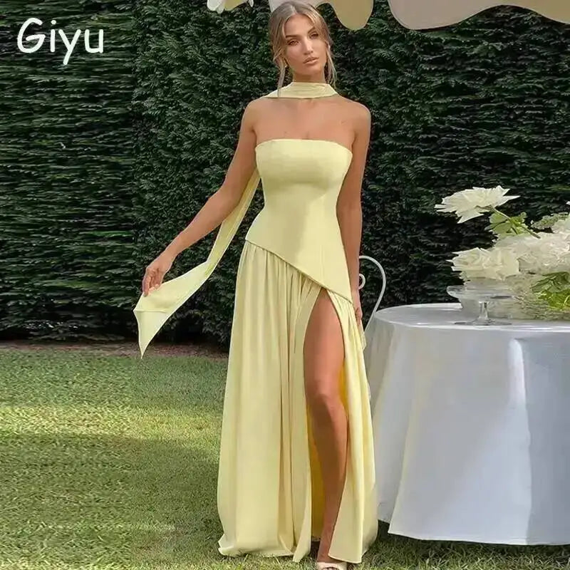 Giyu Sexy Evening Party Dresses Women 2026 Autumn Summer Maxi Long Dress Elegant Strapless Split Backless Pleated Dress