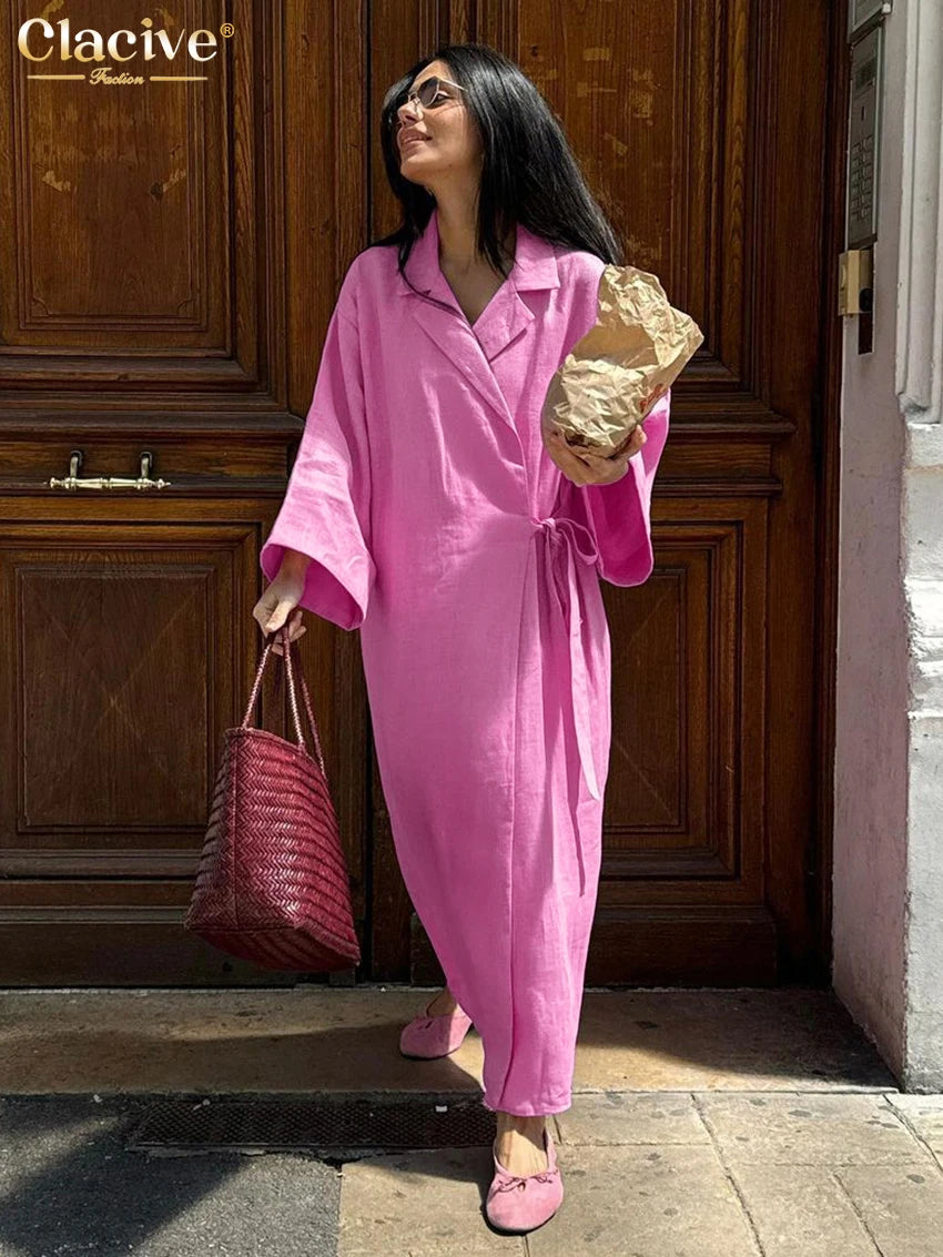 Clacive Casual Loose Pink Cotton Dress Ladies Fashion Lapel Long Sleeve Ankle Length Dress Elegant Lace-Up Dresses For Women