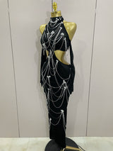 2025 Women Sparkly Diamonds Tassels Chain Balck Sexy Halter Backless Long Dress Evening Birthday Party Celebrate Stage Costume