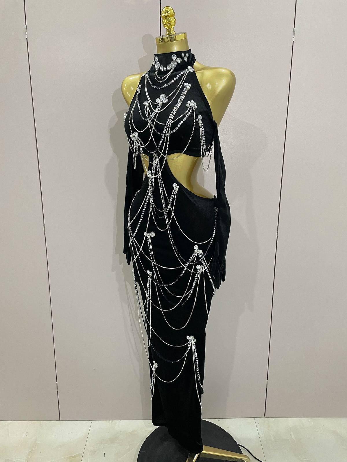 2025 Women Sparkly Diamonds Tassels Chain Balck Sexy Halter Backless Long Dress Evening Birthday Party Celebrate Stage Costume