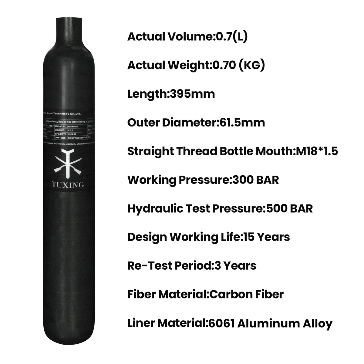 TUXING 300Bar 4500Psi 0.7L 700cc Carbon Fiber Cylinder High Pressure Diving Tank HPA Bottle for Mini Scuba Diving M18*1.5