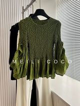 YUDX Pleated Heavy Embroidery Flared Sleeves Solid Color Design T-shirt Breathable and Comfortable 2024 Fall New