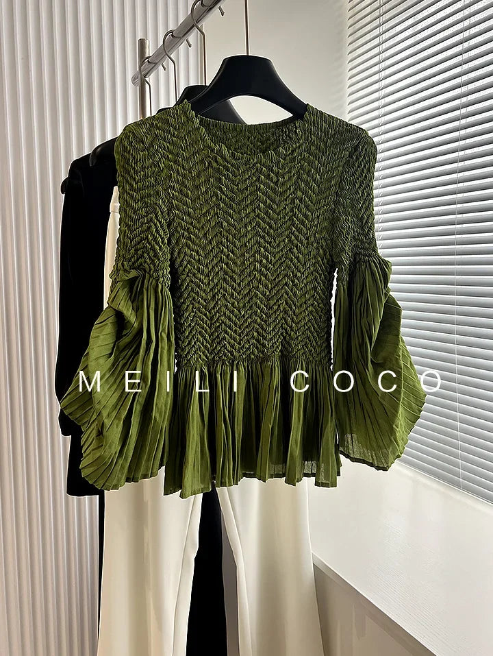 YUDX Pleated Heavy Embroidery Flared Sleeves Solid Color Design T-shirt Breathable and Comfortable 2024 Fall New