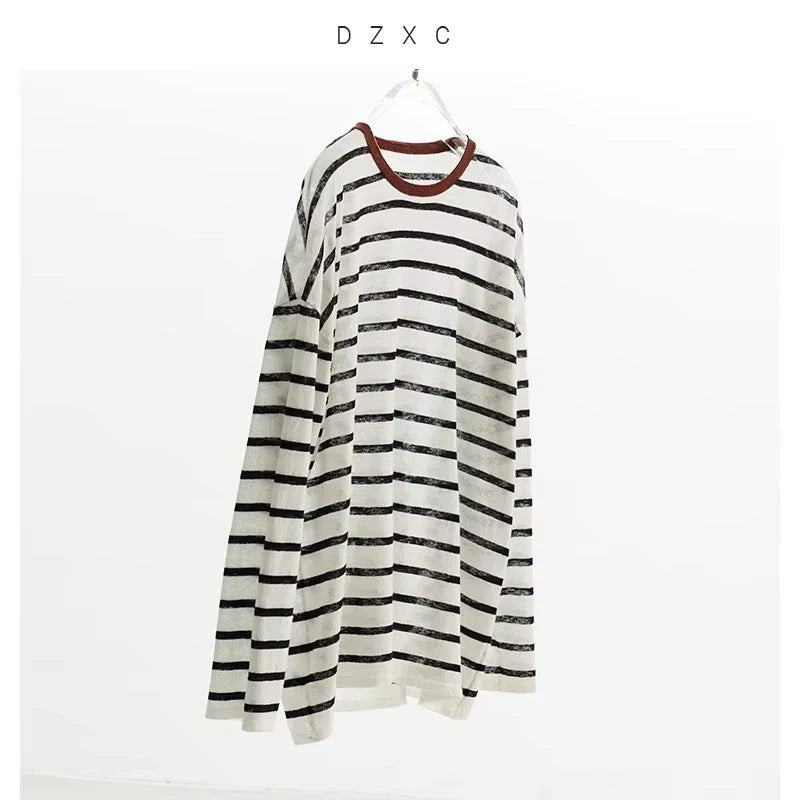 Classic Stripes~Linen Blend Long-Sleeved T-Shirt, Contrasting Color Casual Top, Lightweight Pullover for Women, New Style for Spring/Summer 2026