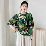 LANMREM High End Whimsical Horse Print Pleated Woemn's T-shirt Half Sleeve Round Neck Loose Fit Lightweight Casual Top 2DB6913