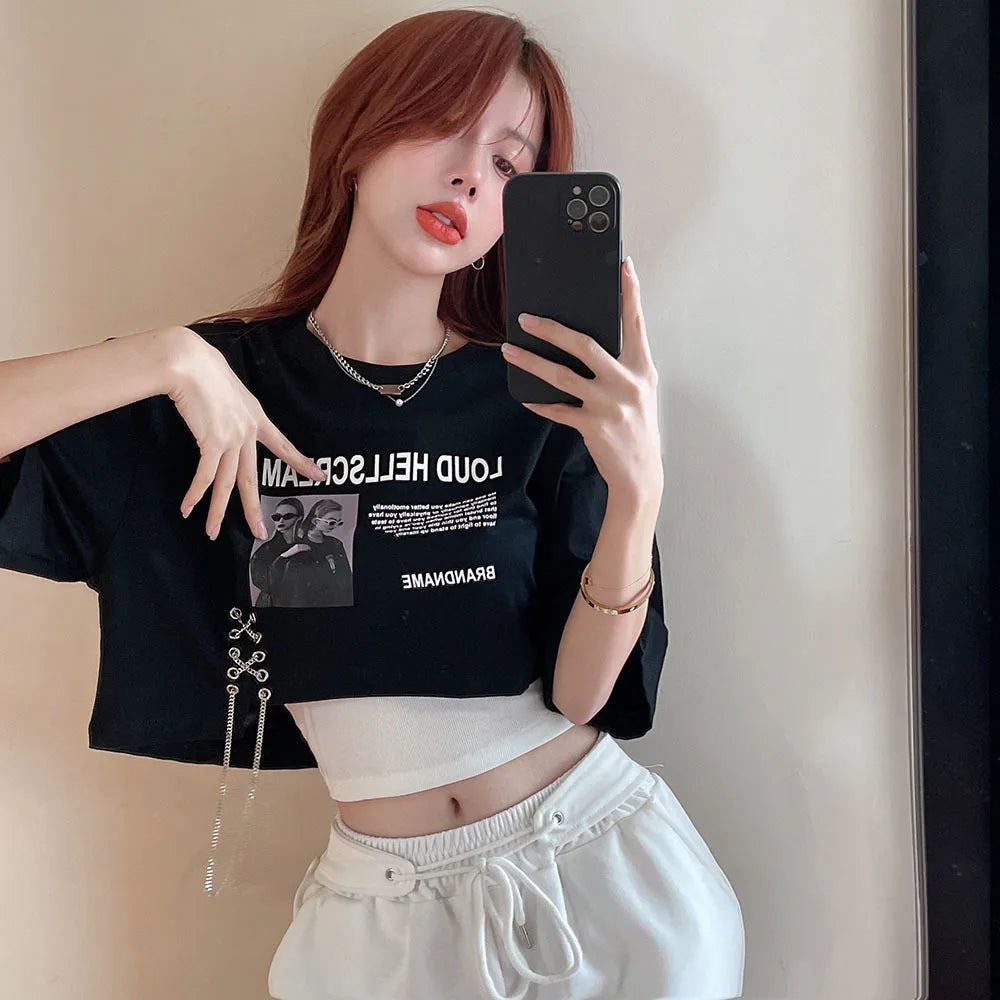 Summer New Letter Print T-shirt Women's Loose Open Navel Short Sleeve Hot Girls Crop Top Street Chic Female Chain Retro Tees Y2k