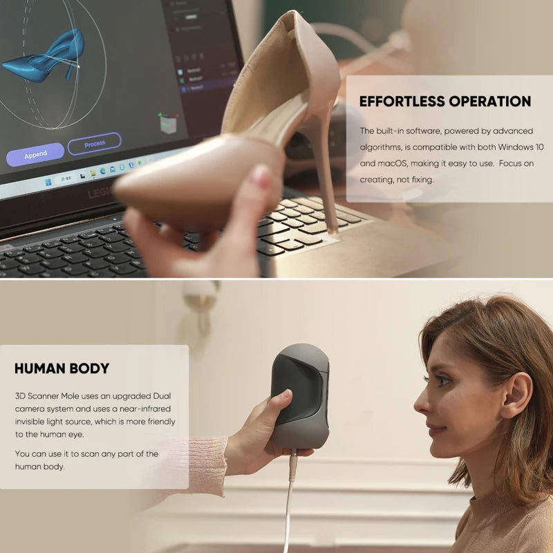 3DMakerpro Mole Premium Handheld 3D Scanner for 3D Printer 0.05mm Accuracy & 0.1mm Resolution 10FPS Scanning Black Objects