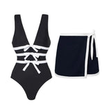 Flaxmaker Bowknot Decor Black One Piece Swimsuit and Skirt 2026 Summer Women Sexy V Neck Swimwear Beachwear Biquini conjunto de