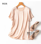 Benefits! Flowing Gem Series Basic Style Versatile Round Neck 100% Mulberry Silk Short Sleeve Silk Satin T-Shirt Top