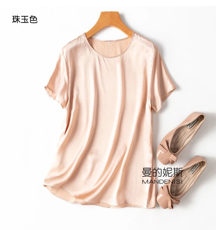 Benefits! Flowing Gem Series Basic Style Versatile Round Neck 100% Mulberry Silk Short Sleeve Silk Satin T-Shirt Top