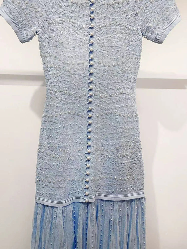 Fashion Blue Pearl Decoration Lace Jacquard Knit Midi Dress Women Temperament Elegant O-Neck Short Sleeve Slim Robe Ladies