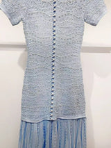 Fashion Blue Pearl Decoration Lace Jacquard Knit Midi Dress Women Temperament Elegant O-Neck Short Sleeve Slim Robe Ladies