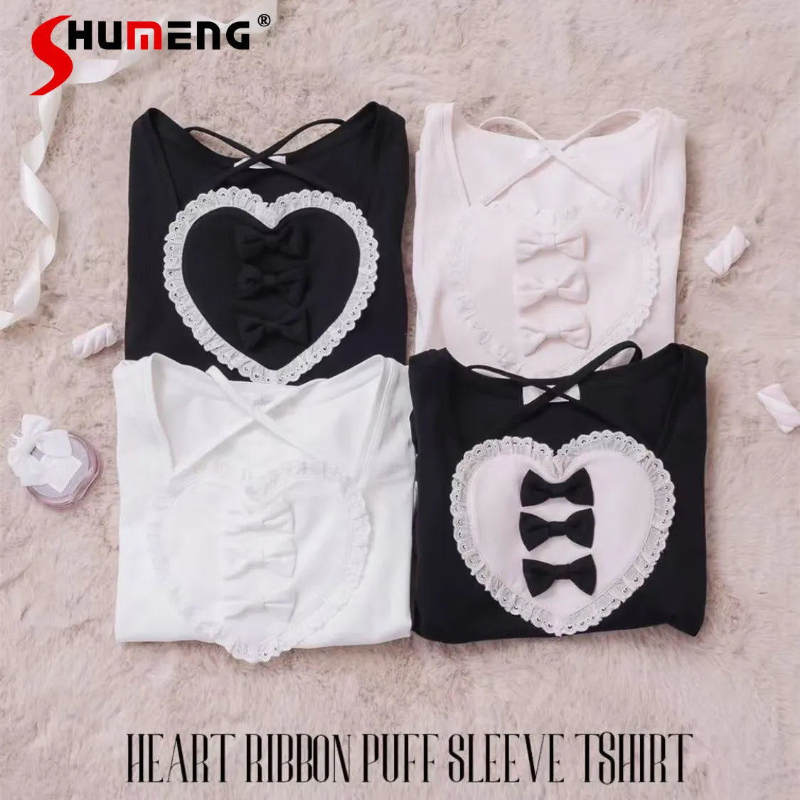 Japanese Sweet Cute Embroidered Lace Heart Bow Lace-up Halter Neck Collar Puff Sleeve Versatile Casual T-shirt Top Women Summer
