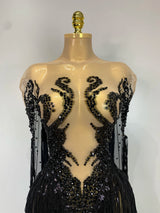 Sexy Sparkly Rhinestone Sequins Tassel Mesh Transparent Dress Women Evening Birthday Party Nightclub Dance Singer Stage Outfit