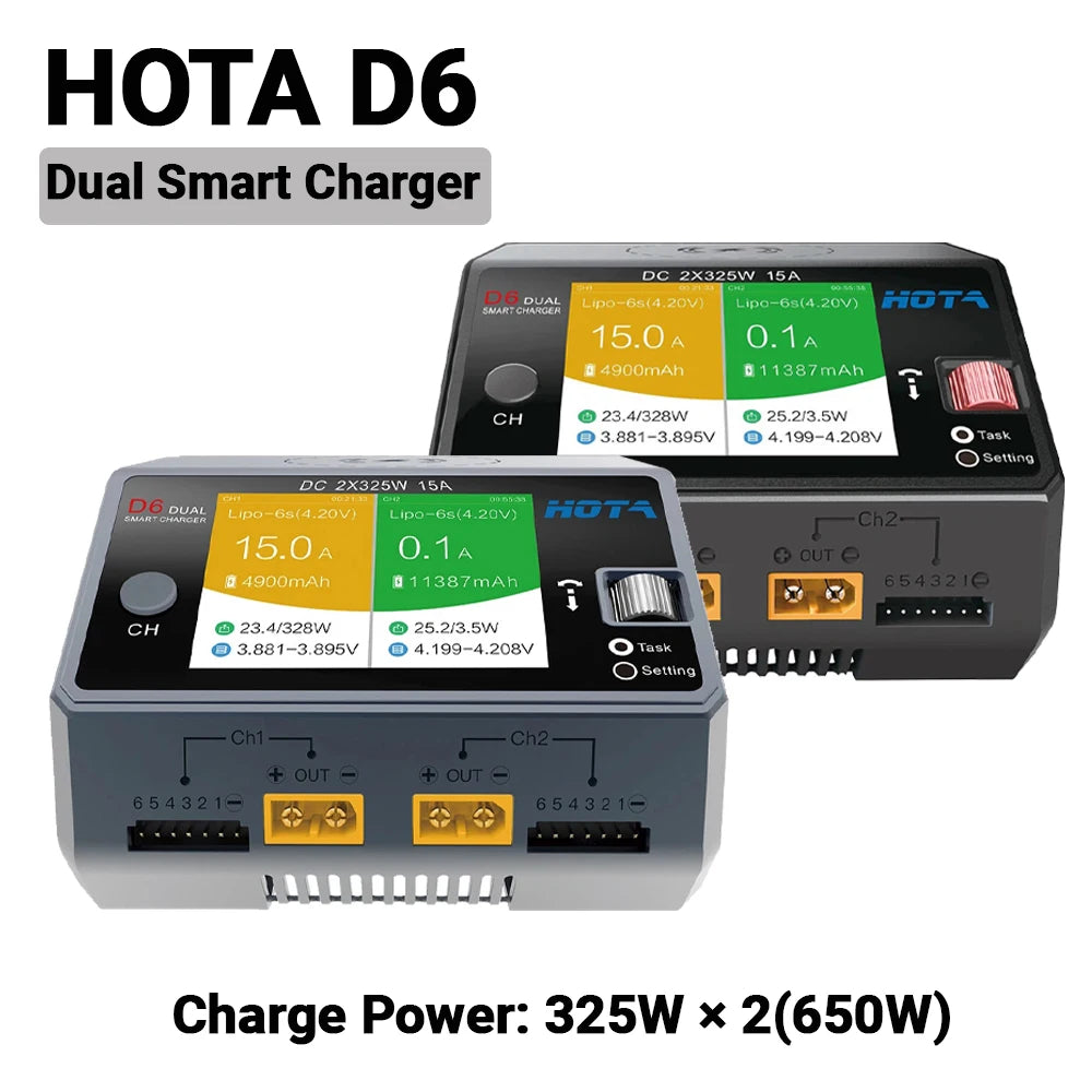HOTA D6 Dual Smart Charger DC650W 15A Built-in Micro USB for Lipo LiIon NiMH Battery with iPhone Samsung