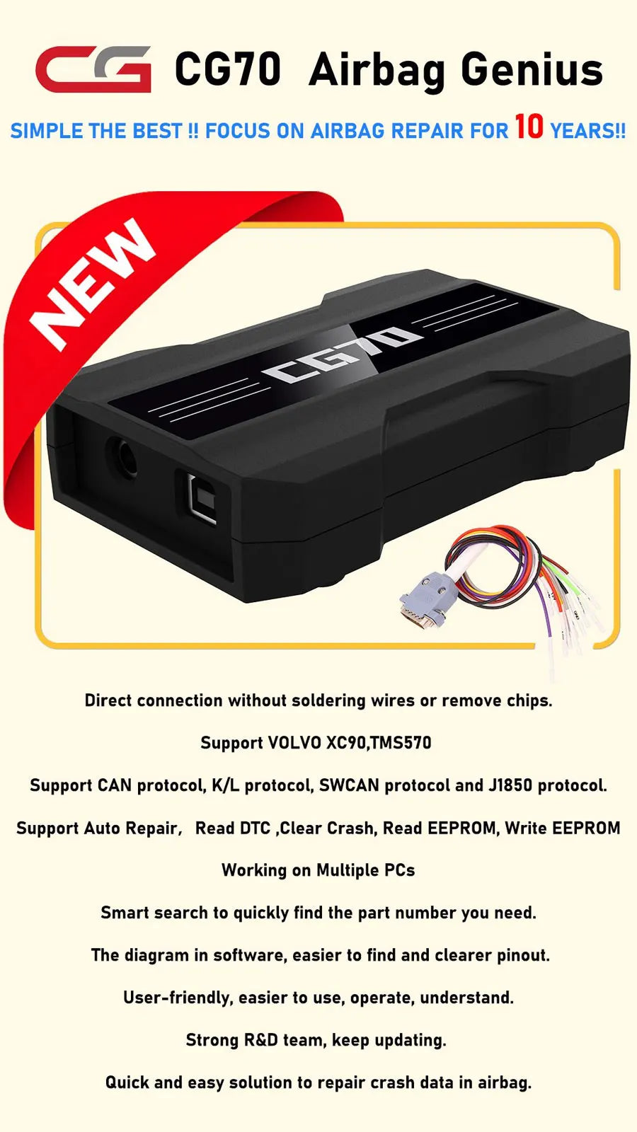 CGDI CG70 Airbag Reset Tool Clear Fault Codes One Key No Welding No Disassembly