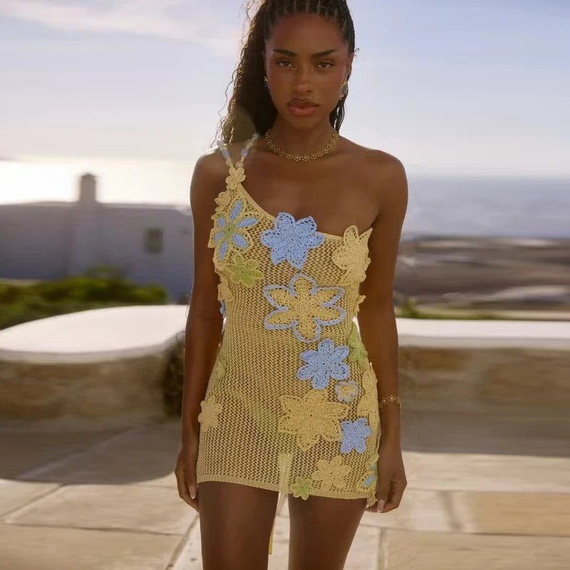 Summer Mini Dress Hollow Out Sling Sexy Dress Women Flower Slim Fit Off Shoulder Chic Female Knitted Crochet Beach Short Dress