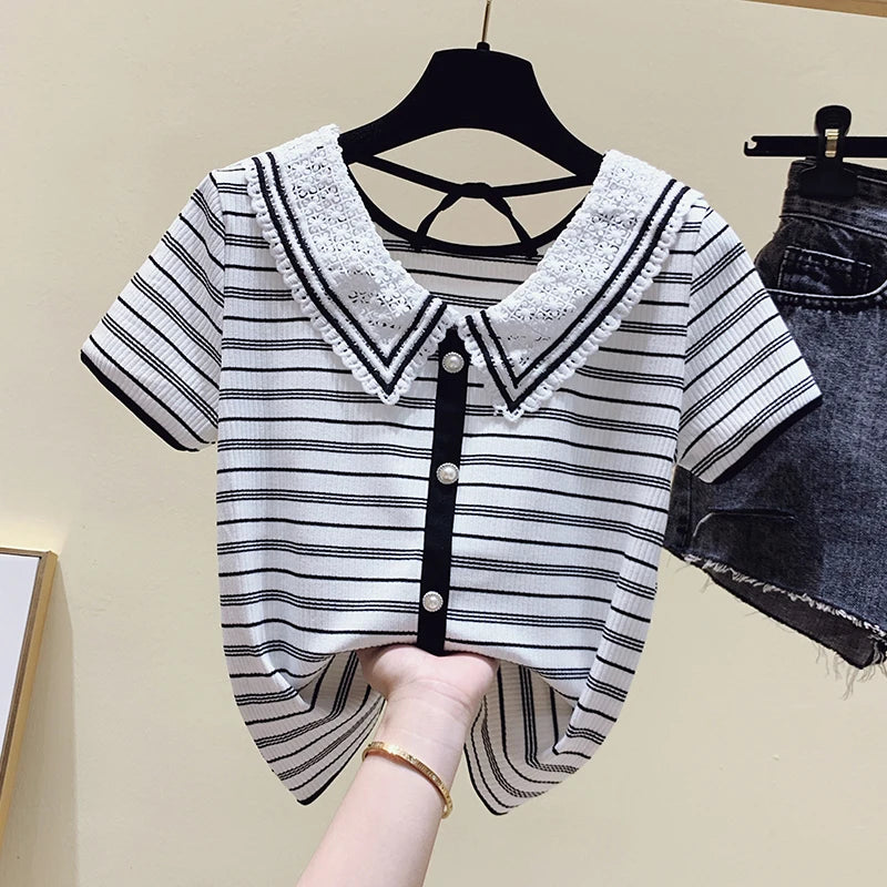 Summer New Chromatic Stripe Doll Collar Short Sleeve T-Shirt Female Small Sweet Wind Design Feeling Hollow Out Backless Coat