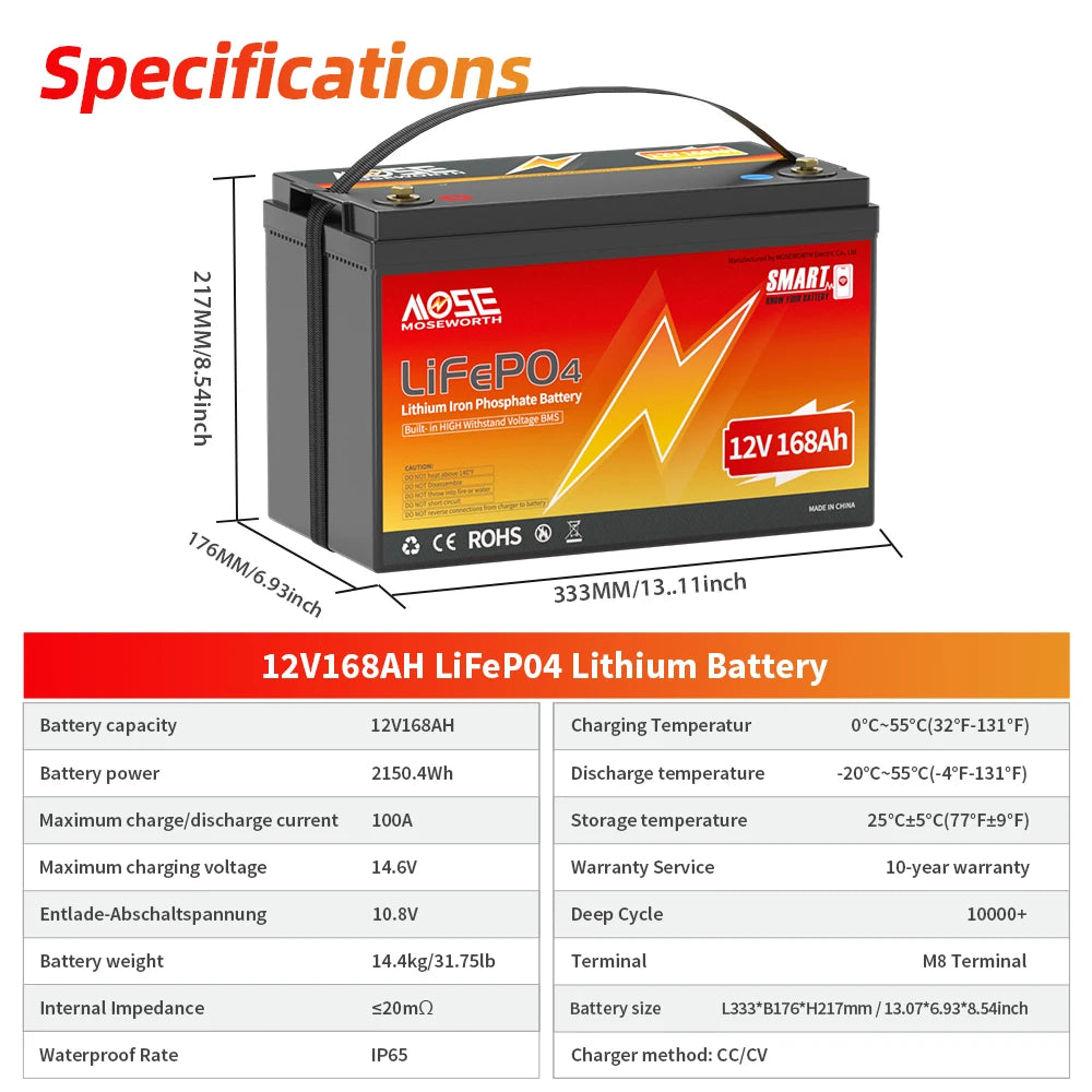 12V 168Ah Bluetooth LiFePO4 Battery Rechargeabel Deep Cycle Batteries 100A Smart BMS for RV Solar Boat Marine Trolling Motor