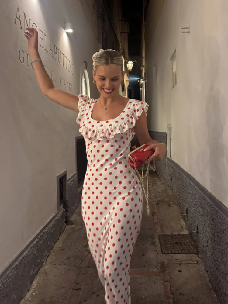 Chic Polka Dot Ruffle Trim Maxi Dress Women Elegant Sleeveless Square Neck Bodycon Maxi Dresses Lady Vacation Beach Robes 2026