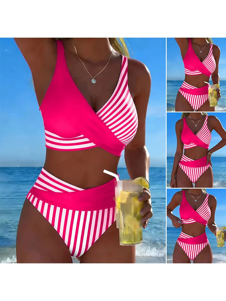 V Neck Tank Swimwears High Waist Bikini Summer Beach Bathing Suit Swimsuit Women Vertical Stripe Patchwork Bikini Set Wrap Front