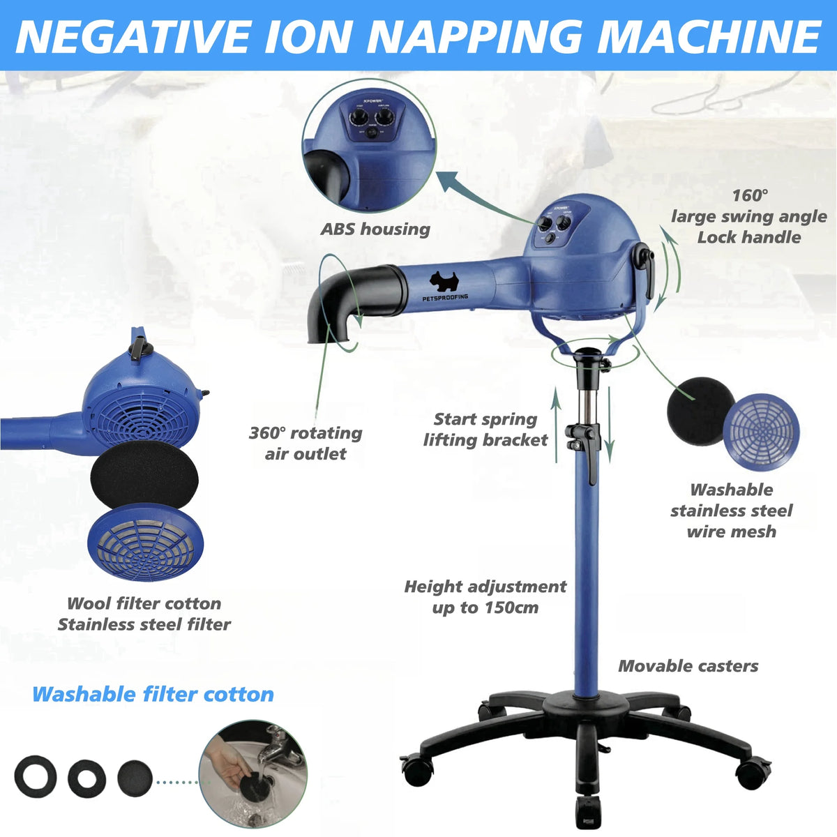 Professional High Velocity Stainless Steel PP Force Dryer Luxury Multifunction Dog Cat Grooming Hair Drying Sustainable Feature