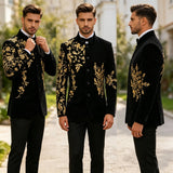 Men's Black Velvet Blazer with Gold Floral Embroidery, Slim Fit Suit Jacket for Wedding, Party, Banquet, Prom