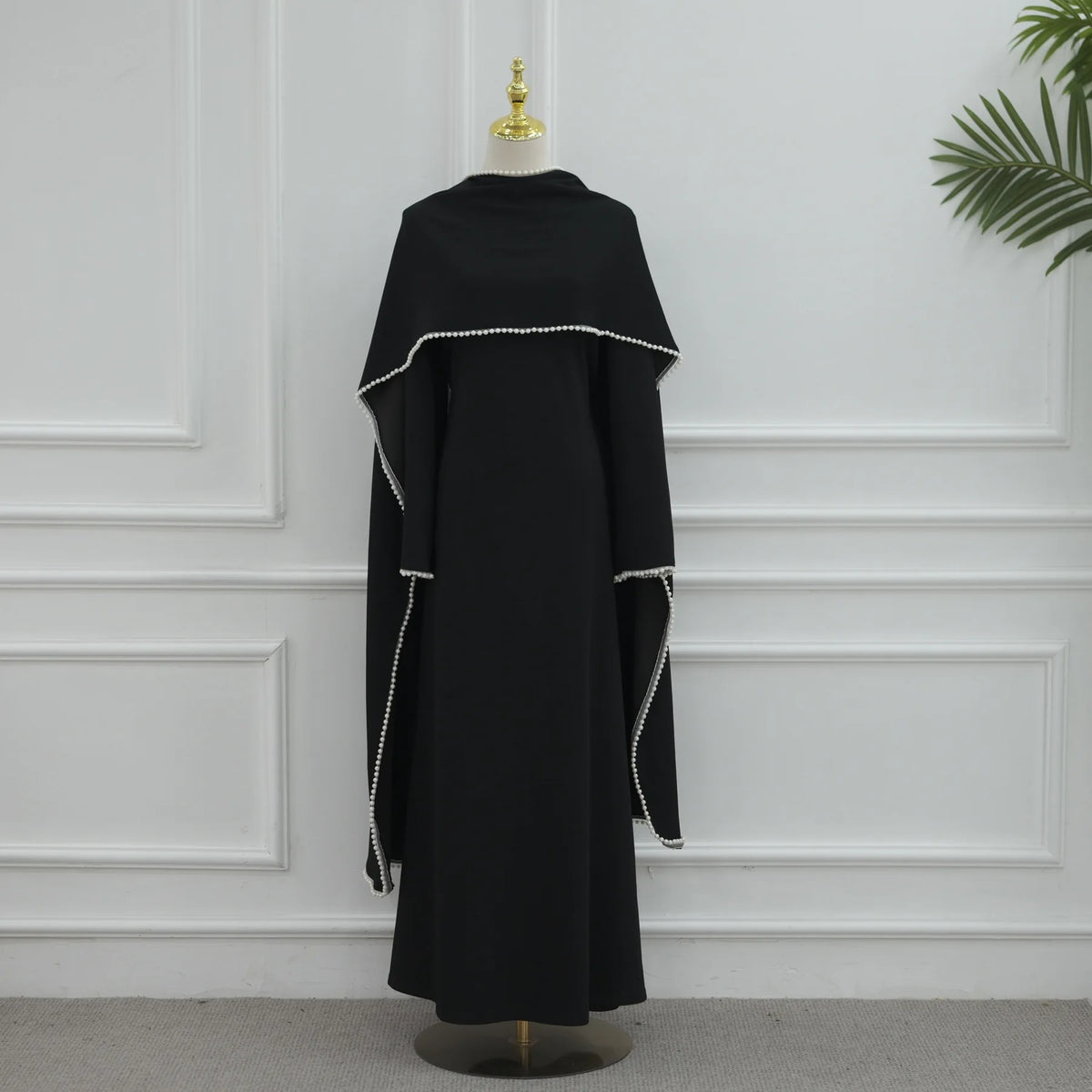 White Pearl Trim Cape Maxi Dress Women Elegant Long Sleeve Cinched Waist Muslim Robes 2026 Spring EID Abaya Lady Dresses