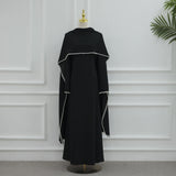 White Pearl Trim Cape Maxi Dress Women Elegant Long Sleeve Cinched Waist Muslim Robes 2026 Spring EID Abaya Lady Dresses