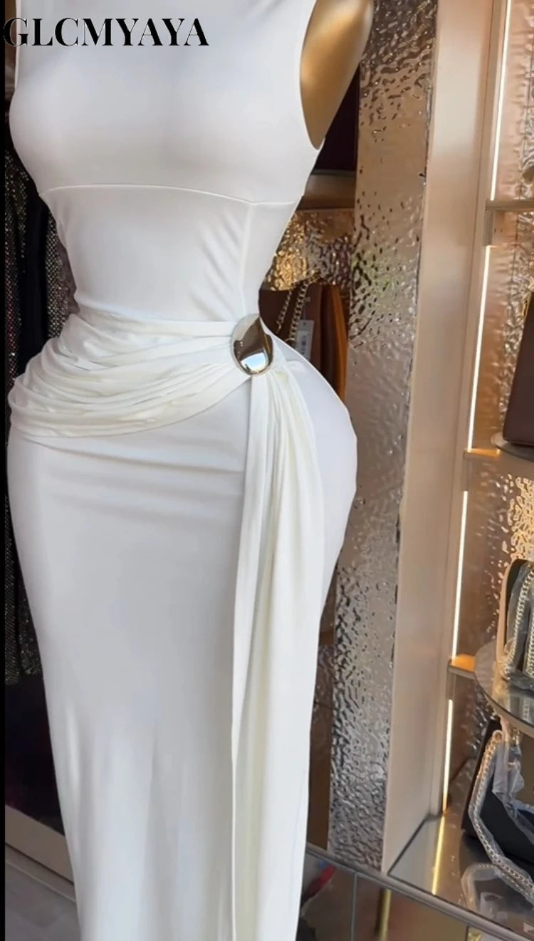 GLCMYAYA Women Sleeveless O-neck Stacked Ruched Side Up Bodycon Midi Maxi Dress 2026 Cocktail Even Birthday Party Trendy Dresses