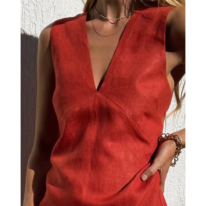 Cotton Linen Womens Dresses Sexy V-Neck Sleeveless Basic Tank Dress Chic Elegant Ladies Dresses Summer Sale Vestidos Para Mujer