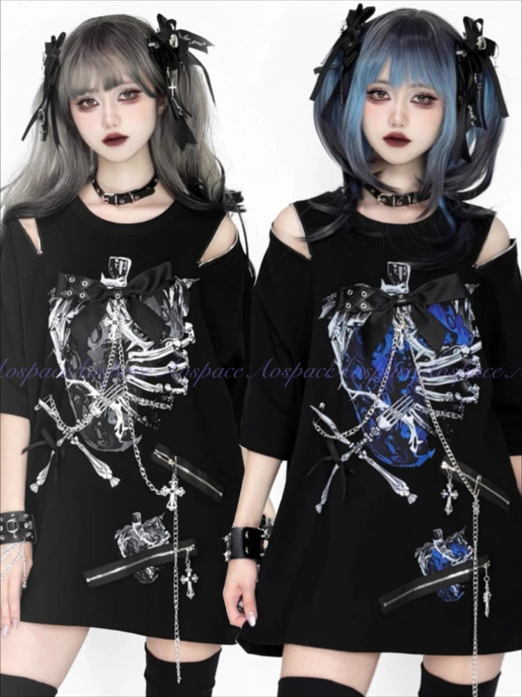 Original Dark Subculture Punk Style Off-Shoulder Short Sleeve Round Neck Printed Chain Bow Loose Casual T-Shirt Top Women Summer