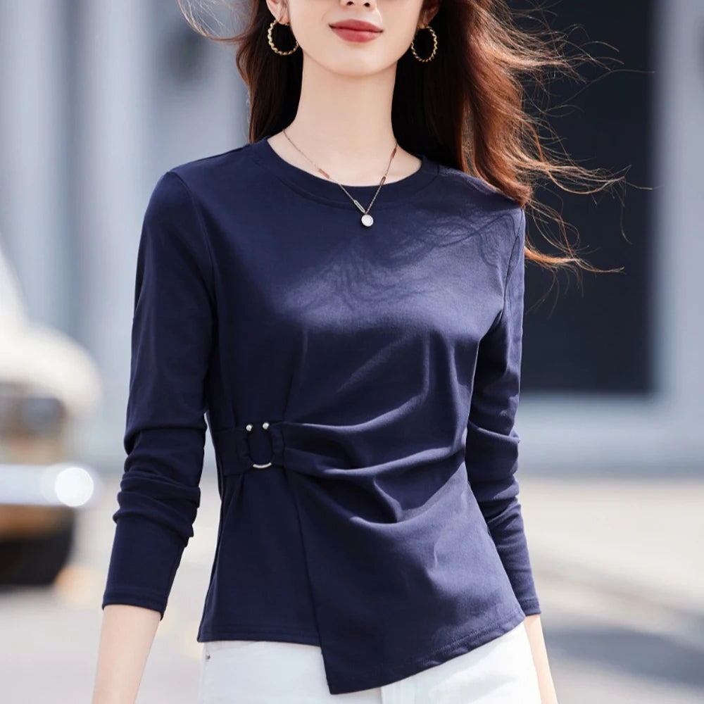 Wine Red Long Sleeved T-Shirt for Women's Autumn New High-End Fashion Cotton Plus Size Asymmetrical Splicing Casual Top