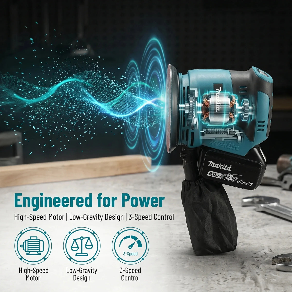 Makita DBO180Z 18V Brushless Cordless Orbital Sander  3 Speed 7000-11000 OPM with Pad Brake for Furniture Use